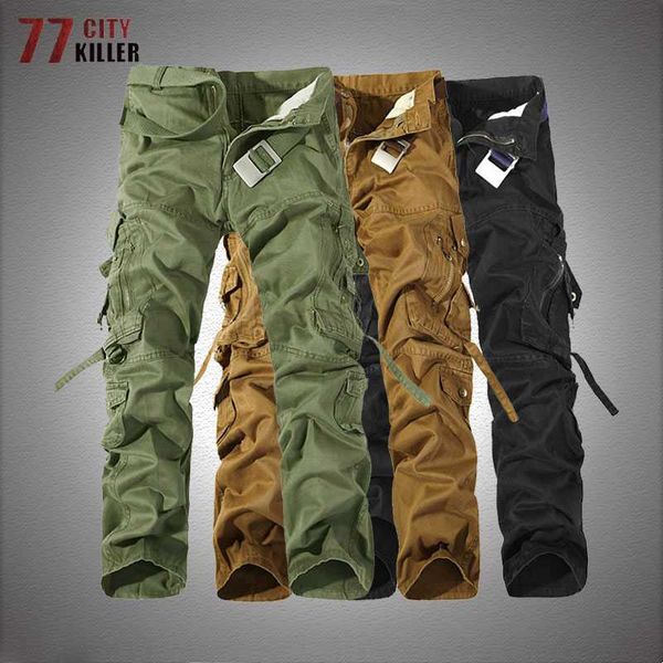 

men's pants multi-pocket tactical men style solid washed overalls male cotton loose trousers mens cargo, Black