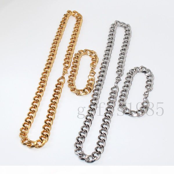 

1set miami s.steel golden silver cuban link women men's necklace bracelet chain
