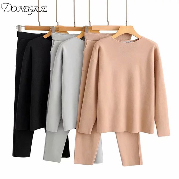 

women hit color knitted jumper +pants tracksuits 2 pieces sets casual patchwork knitting cothing suits, Gray