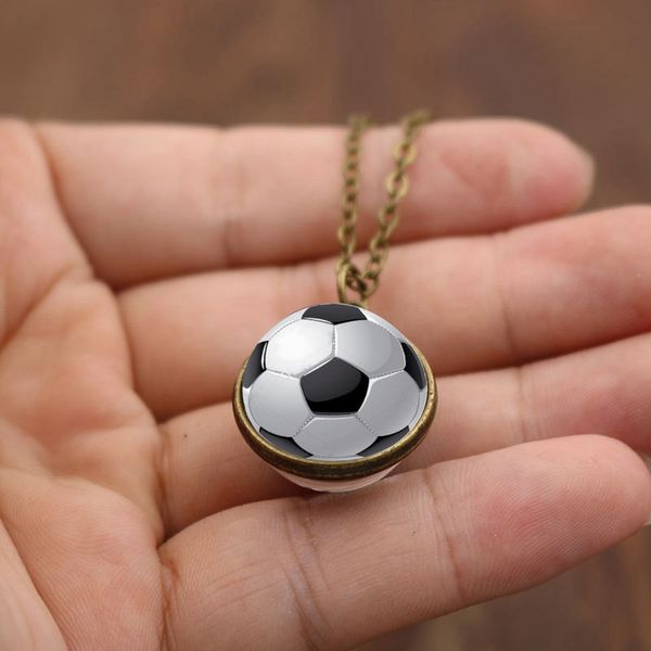 

wg 1pc fashion football pattern double-sided glass ball cabochon time gem&stone socces necklace pendant jewelry for friendship, Silver