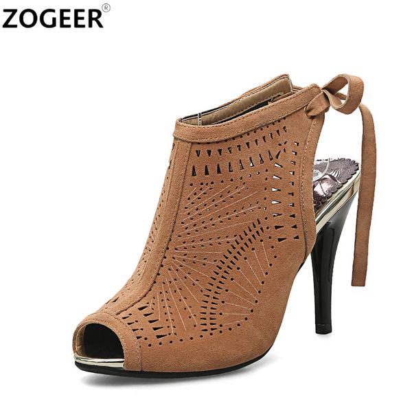 

open toe ankle boots cut-outs summer shoes woman high heels sandals woman fashion suede black brown grey party shoes women