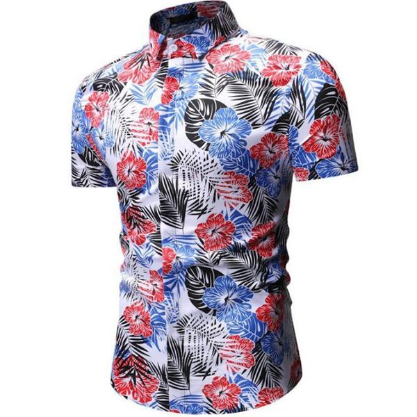 

new high-end atmospheric brand men's casual fashion feather flower print shirt casual short sleeve fashion shirt, White;black