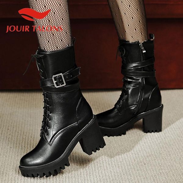 

jouir talons high platform square thick heels women shoes buckle straps cross-tied mid-calf short plush boots, Black