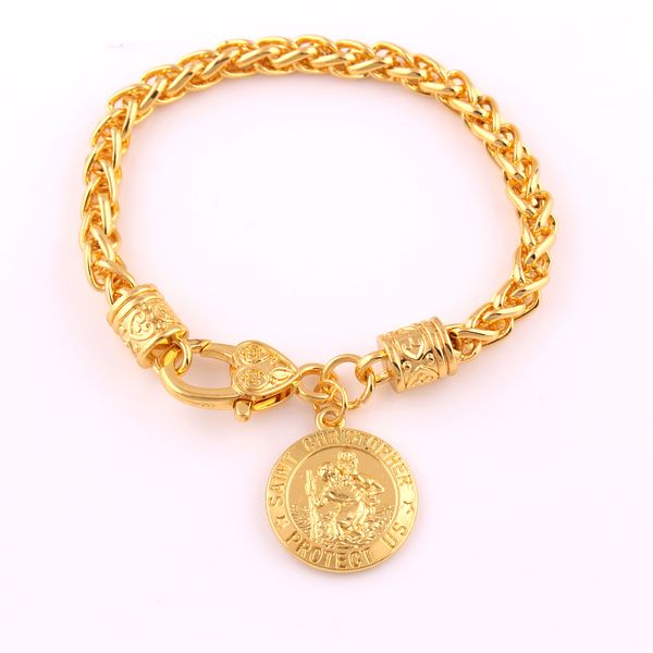 

st chriser protect us medal gold color wheat link chain bracelet pendant catholic protection religious charm wholesale, Golden;silver