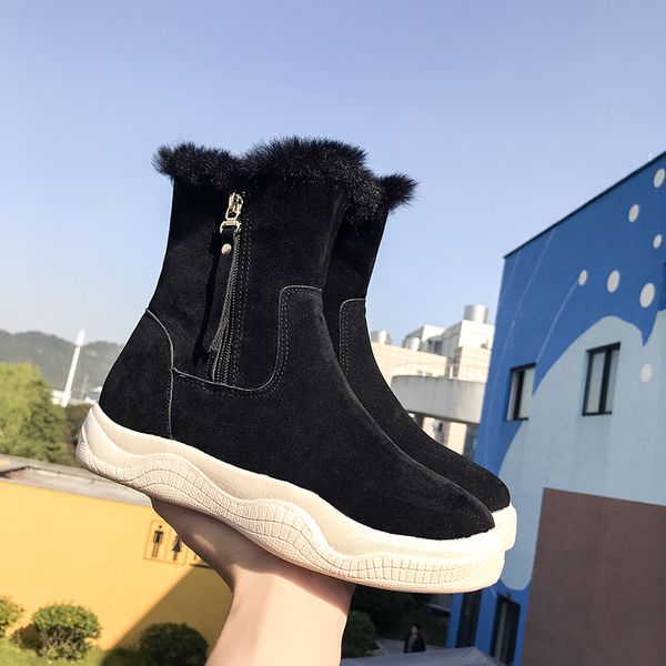 

zipper 2020 ankle boots chunky sneakers comfortable faux fur boots thick bottom warm plush winter snow women shoes woman, Black