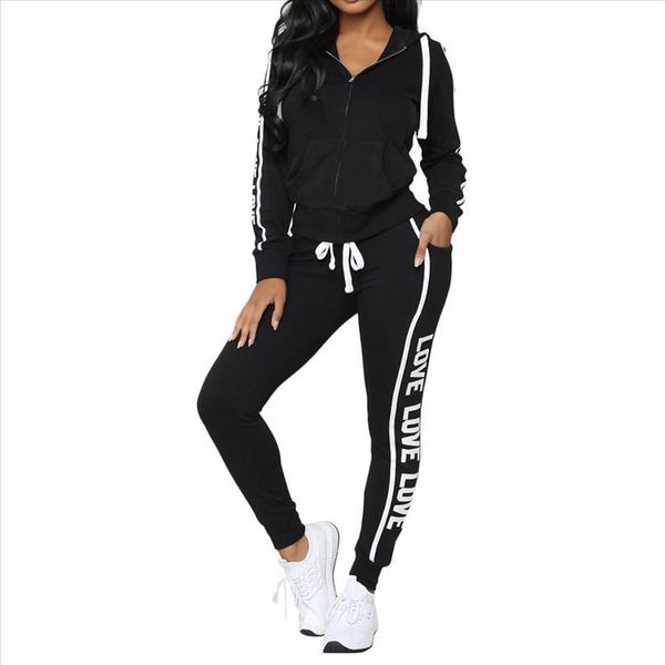 

chamsgend womens hooded love print sports set fashion casual solid long sleeve pullove sport suits long pants set fe3, Gray