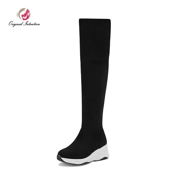 

original intention winter popular sock boots over the knee high wedge boots sports style shoes woman simple elegant comfortable, Black