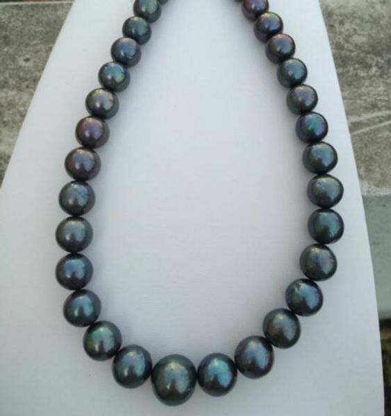 

18" 12-13mm real natural south sea black green pearl necklace, Silver