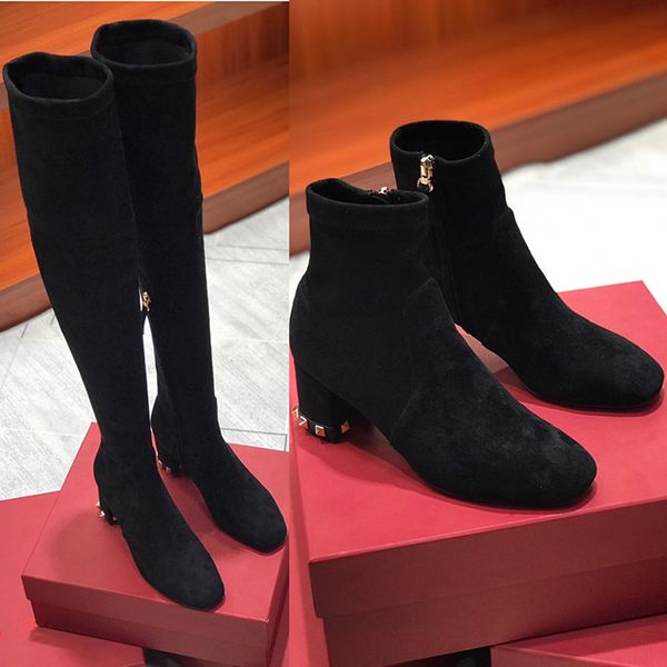 

fashion womens winter shoes over the knee boots with elastic sheepskin suede rivet zipper australia motocycle ankle booties martin bottes, Black