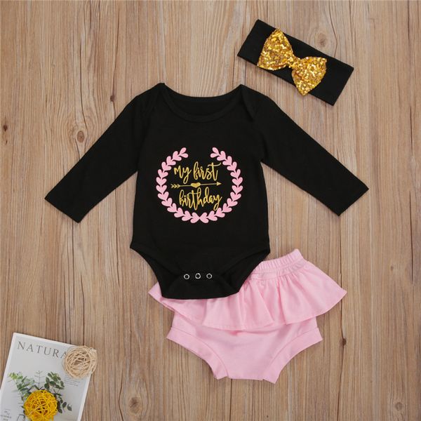 

1-4 years toddler girls one year birthday set floral print long sleeve t-shirt solid color pants headband toddler girls 3pcs set, White