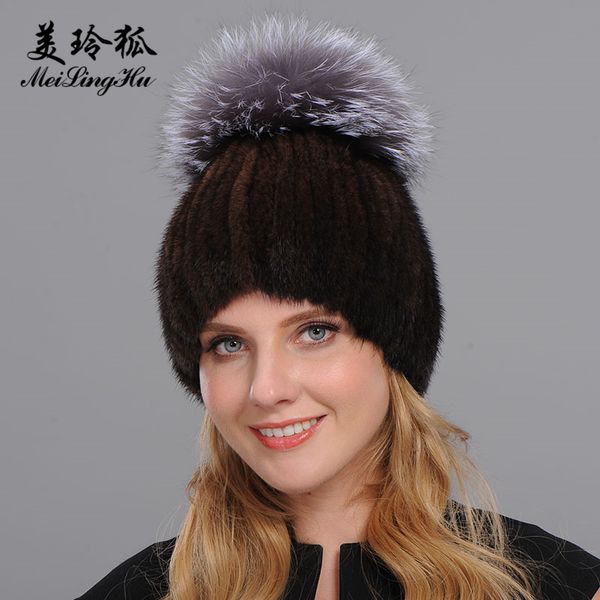 

brand thick women hats real hat girl fashion winter new knitted beanies cap with fur pom poms ombrero, Blue;gray