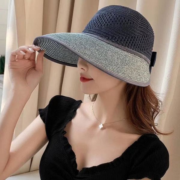 

summer hat women wide brim sun straw hat protection beach adjustable handmade weave foldable sun hats for women maershei, Blue;gray