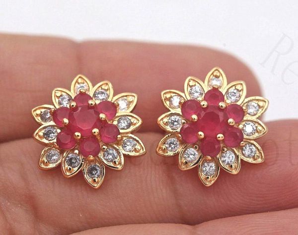 

luxury stud earrings for women gold color flower earring with red green zircon trendy jewelry for party wedding anniversary01, Golden;silver