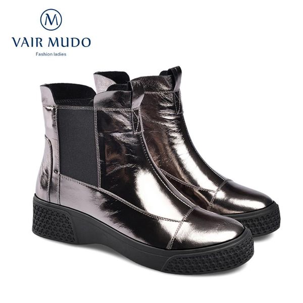 

vair mudo 2020 new brand ankle boots winter wedges heel fire metallic leather booties large size 33-41women boots shoes dx97, Black