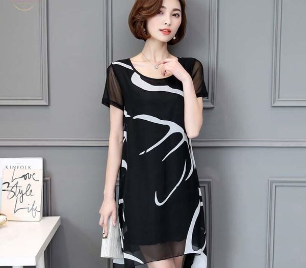 

2020 fashion plus size 5xl women dress casual loose print stripe chiffon dress black a line dress womens clothing 62b 30, Black;gray