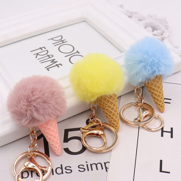 

fashion fur ball ice cream cone keychain multicolor furry key chain ring keyring pompon backpack women new, Silver