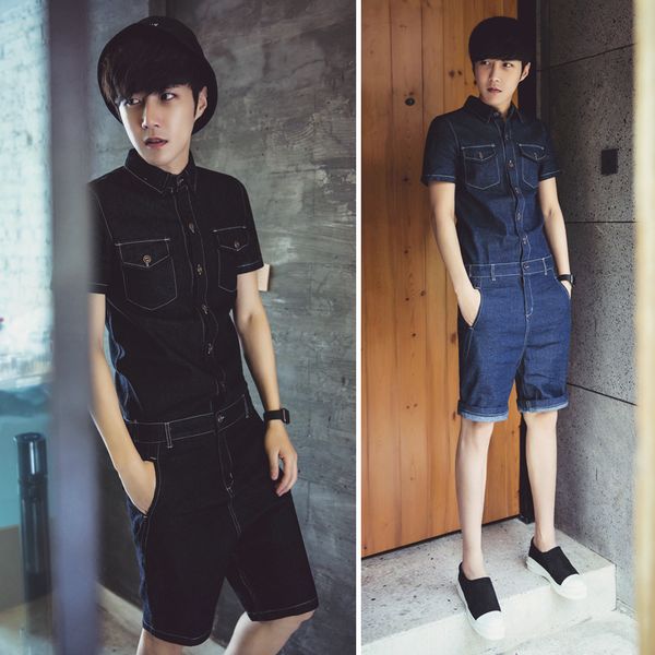 

2020 new male short-sleeve denim jumpsuit overalls casual one piece denim shirt men's clothing dj singer costumes, Blue