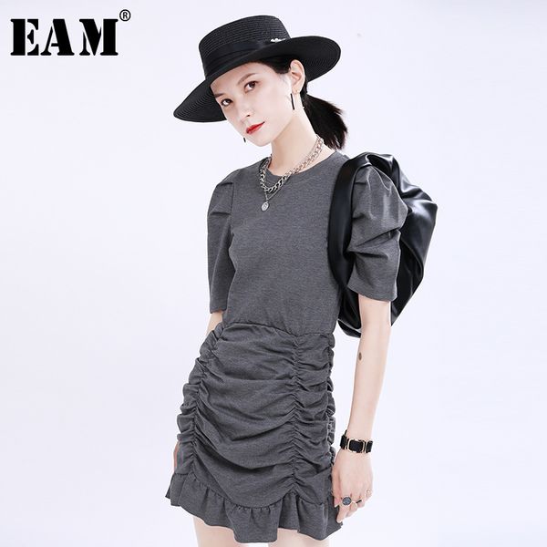 

eam] women gray pleated ruffles temperament dress new round neck short puff sleeve loose fit fashion spring summer 2020 1u168, Black;gray