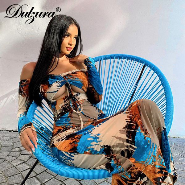 

dulzura tie dye print women midi dress hollow out bandage bodycon off shoulder elegant slit party 2020 autumn clothes club, Black;gray