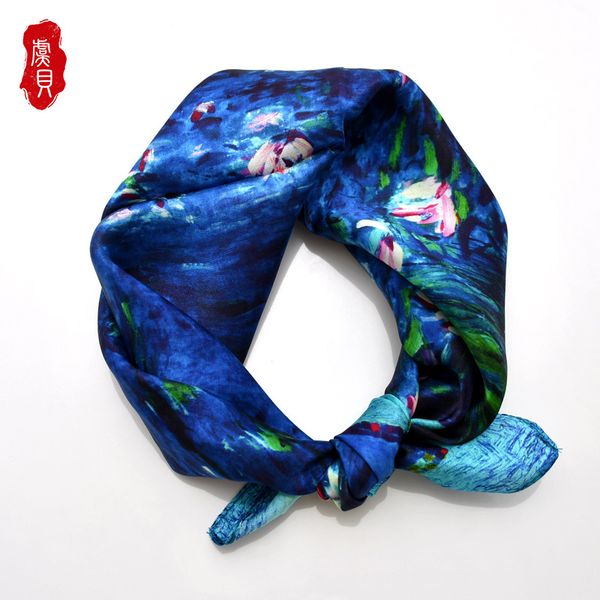 

blue natural silk scarf for women water lilies painting 100% real silk small square soft handkerchief gift for lady, Blue;gray