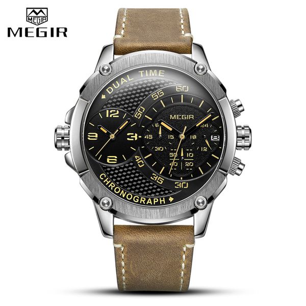 

megir clock quartz watch unique dial waterproof strap sports time men's casual zone men's large multiple watch leather chronograph, Slivery;brown