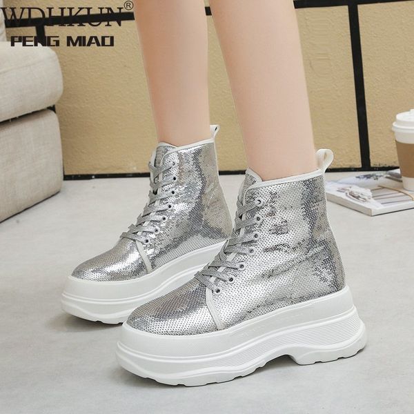 

2020 black silver glitter chunky platform boots women thick sole lace up wedge high heels ankle boots woman autumn winter shoes