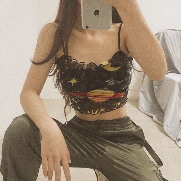 

women summer designer cartoon camis fashion contrast color digital printing crop casual fungus camis women, White