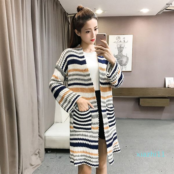 

120810 striped textured knit longline cardigan sweater ladies striped v neck sweater multicolor casual long sleeve sweater, White;black