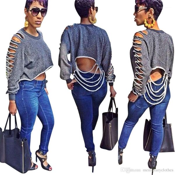 

autumn vestidos long sleeved short ripped women designer t-shirt womens stylish clothing female holes tshirt, White