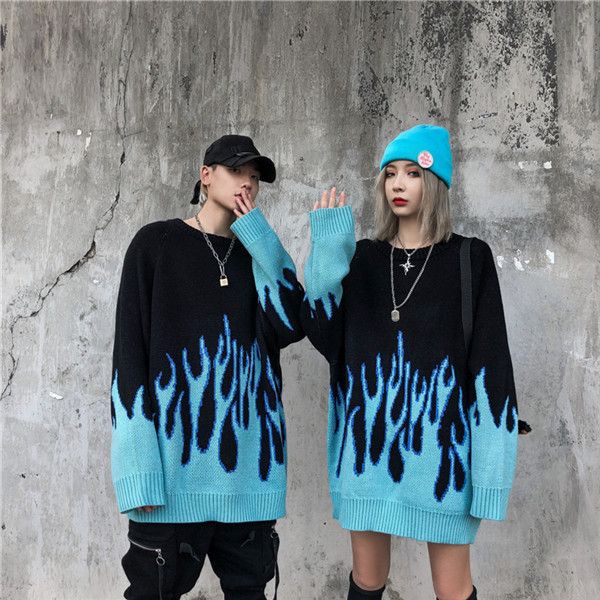

womens mens designer flame pattern sweater long sleeve oversize fashion spring autumn clothing casual streetwear sweater for man, White;black