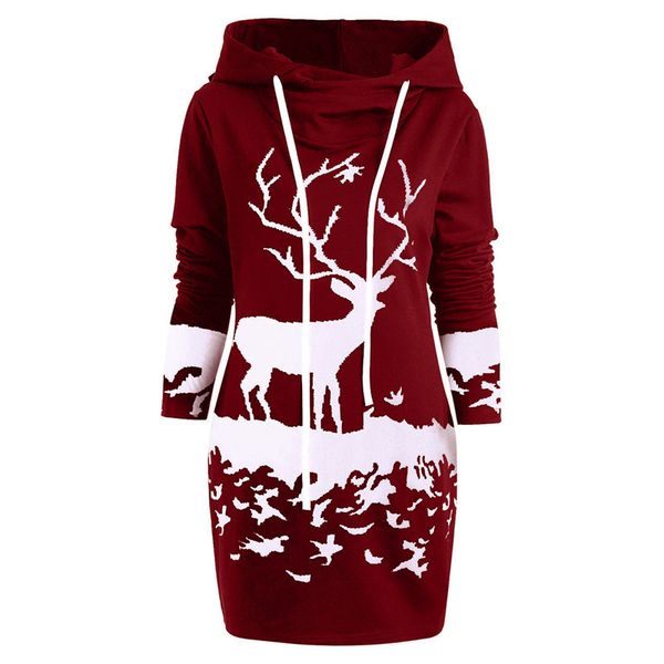 

dropshipping autumn winter womens designer christmas style hooodie dress slim wapiti pattern printed hooded sweatshirt casual female clothes, Black