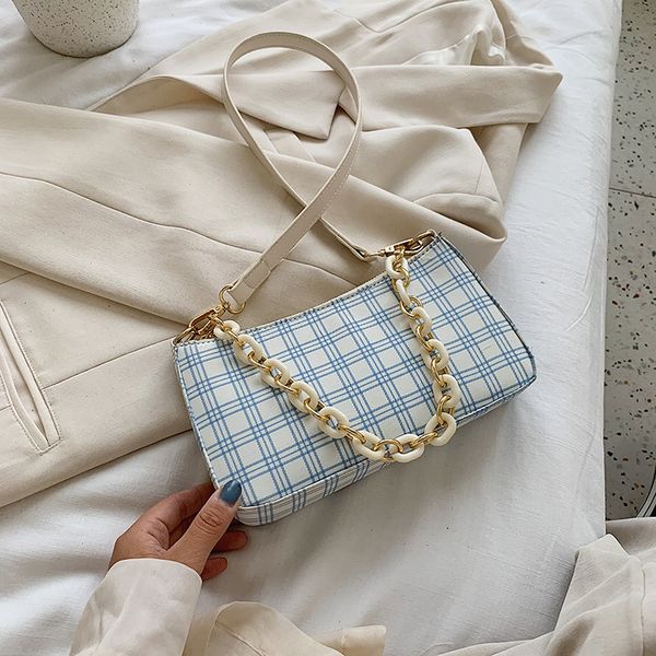 

summer plaid 2020 new fashion women's shoulder bag acrylic strap handbag canvas blue bag over shoulder tote