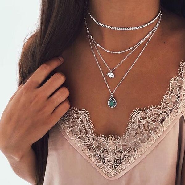 

3pcs/set multilayer droplet elephant necklace women necklace stone pendant chain, Silver
