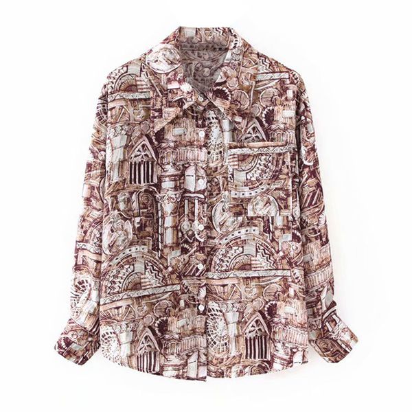 

fall retro architectural pattern loose blouse shirt long sleeve pocket decoration shirts vintage female casual blusas 2020, White