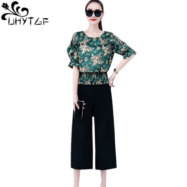 

uhytgf fashion womens tracksuit 2020 floral o neck pullover elegant summer two piece set wide leg pants plus size suit 1721, Gray
