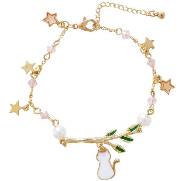 

cute childlike white cat leaves charm bracelet simple crystal pearl little star leaf cat bracelets hand jewelry for kids girls, Golden;silver