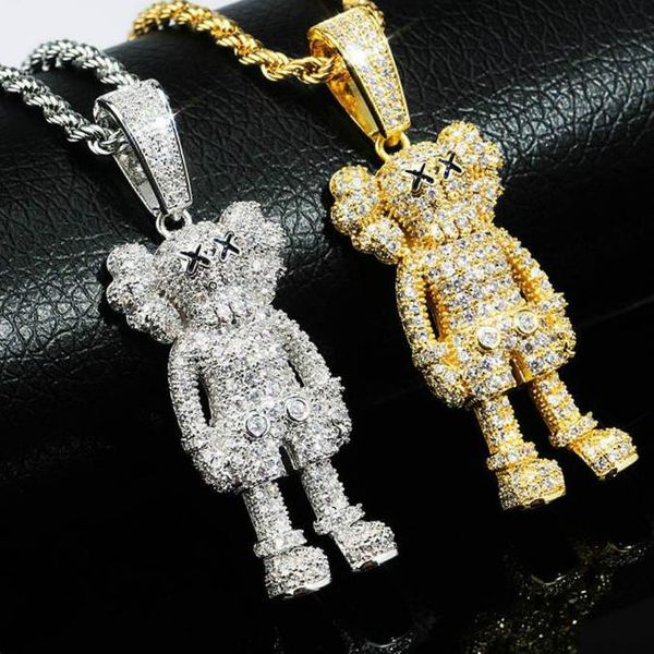 

real gold plated iced out cartoon sesame street bear charm necklace for men and women hip hop personalized blingbling jewelry gift for guys, Silver