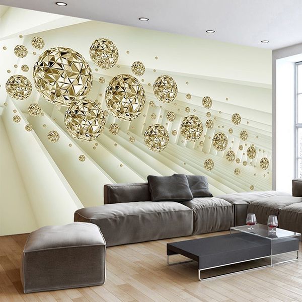 

custom self adhesive mural 3d stereoscopic space golden circle ball living room sofa tv background p wall paper 3d modern