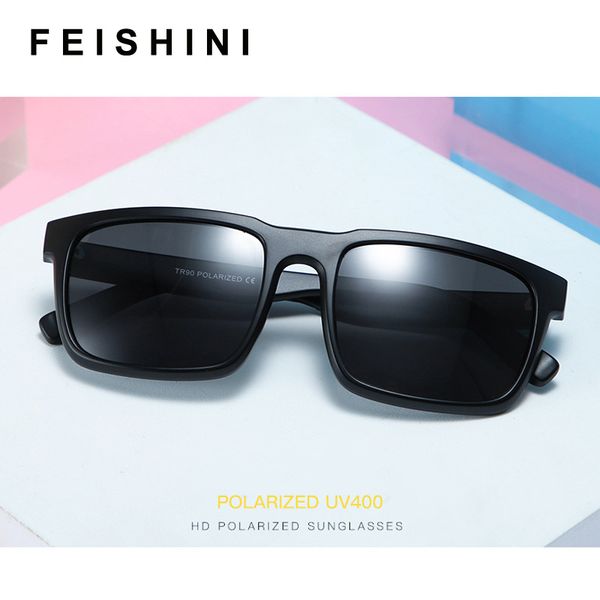 

feishini 2020 tr90 eyeglasses men black vintage square frame light plastic titanium sunglasses men uv protection, White;black