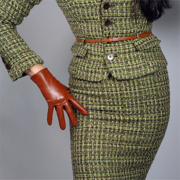 

ultra short leather gloves 13cm showing arm length emulation leather sheepskin coffee dark brown caramel bronze female pu75, Blue;gray