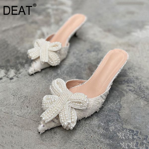 

deat] 2020 new spring summer pointed toe shallow bowknot crystal lace pearls low heels slippers women shoes fashion tide 10f770, Black