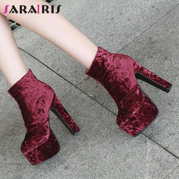

sarairis new fashion female ankle boots round toe platform square high heels zip boots women 2020 party shoes woman, Black