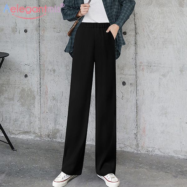 

aelegantmis women loose high waist wide leg pants office lady black straight suit pants casual long ladies slim trousers, Black;white