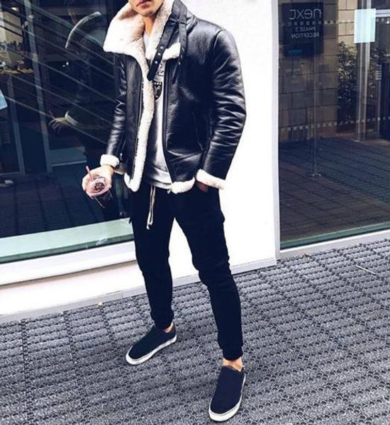 

leather jackets casual winter thick long sleeves mens outerwear fashion stand collar zipper coat mens clothing mens designer faux, Black