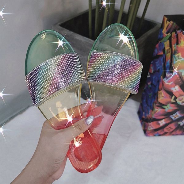 

2020 women jelly shoes woman crystal glitter slippers women's transparent slides female bling beach summer flat plus size, Black