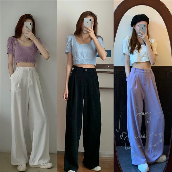 

high waist women's casual wide leg pants summer fashion korean style solid loose female long trausers, Black;white