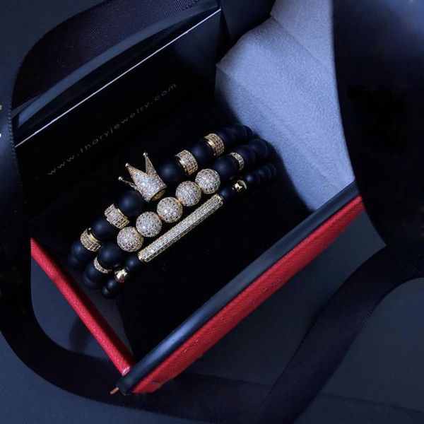 

men bracelet 3pcs/set uxury fashion crown charm bracelet natural stone for women and mens pulseras masculina for women bracelets, Golden;silver