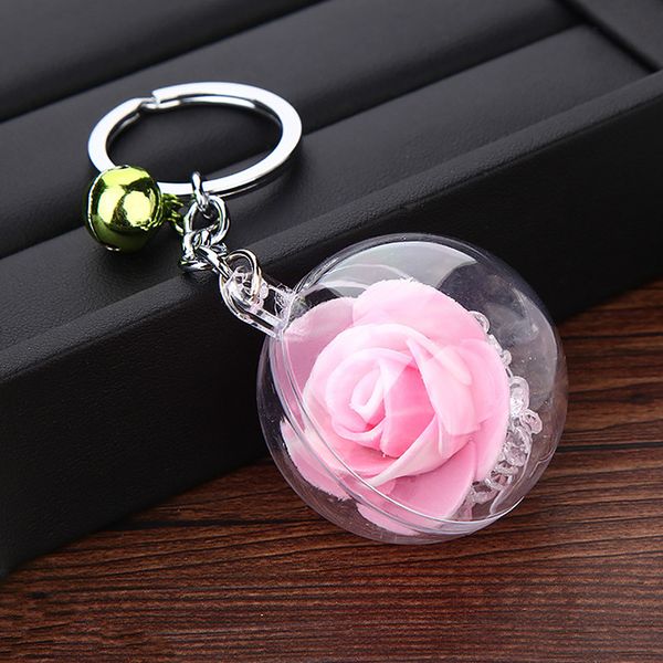 

fashion keychain jewelry unique transparent flower ball keychain charm bell rose flower keychain metal key rings 2020, Silver