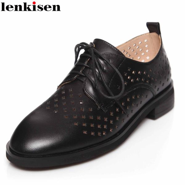 

lenkisen preppy style real leather breathable cozy round toe hollow low square heels square lace up young lady design pumps l38, Black