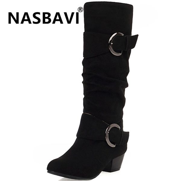 

2020 новые горячие женские зимние ботинки способа сверхтонкие волокна складки пряжки сплошной цвет круглая голова большого размера 43 ботинк, Black